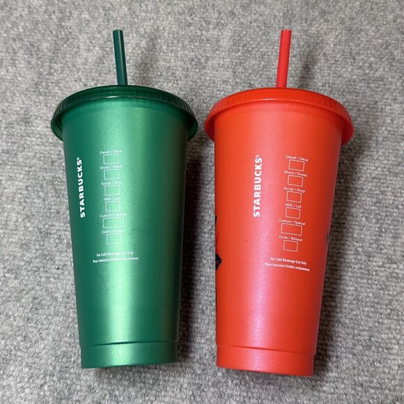 Set Of 2 STARBUCKS HOLIDAY CUPS TUMBLER LID & STRAW 24 oz 2020 Poinsettia - Picture 2 of 7